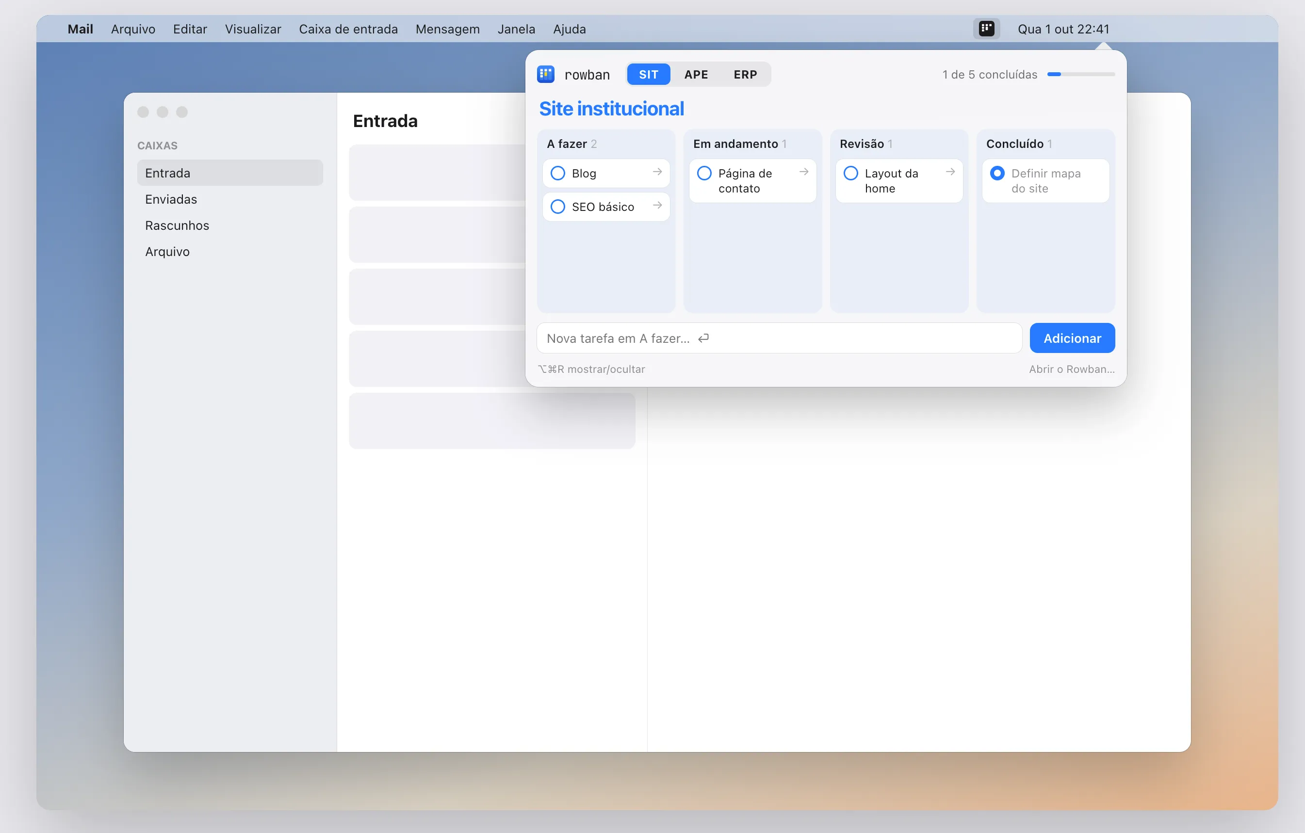 Painel do Rowban aberto na barra de menus do Mac sobre o Mail