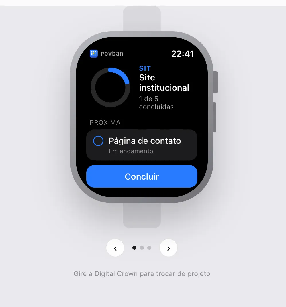 Rowban no Apple Watch mostrando o projeto Site institucional e o botão Concluir
